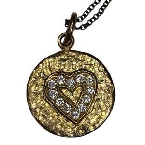 Gold Tone Heart Charm Necklace Cubic Zirconia Pave Textured Pendant